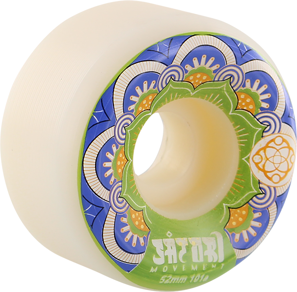 Skateboard wheel with colorful pattern and 'Satori' branding on a white background
