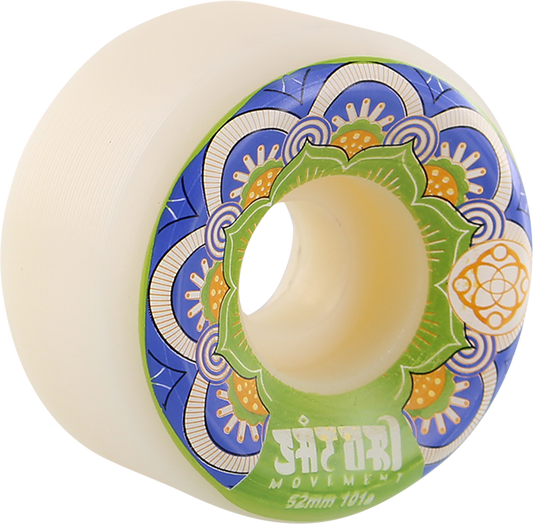 Skateboard wheel with colorful pattern and 'Satori' branding on a white background