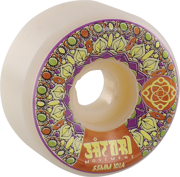 Skateboard wheel with colorful pattern and 'Saturi Movement' branding on a white background