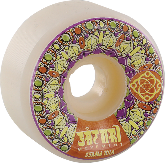 Skateboard wheel with colorful pattern and 'Saturi Movement' branding on a white background