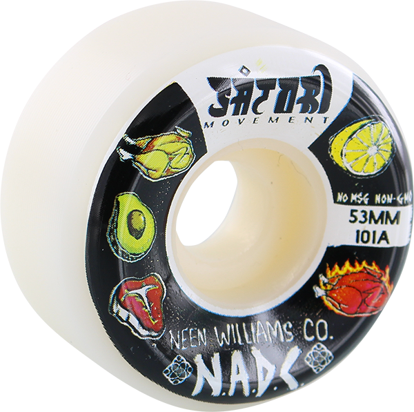 Skateboard wheel with colorful graphics and branding on a white background