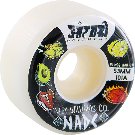 Skateboard wheel with colorful graphics and branding on a white background