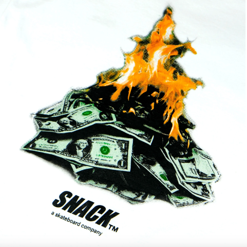 Snack Skateboards Shirt Burning Money Tee White