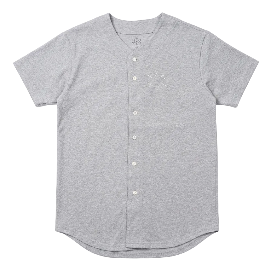 Gray button-up shirt on a white background