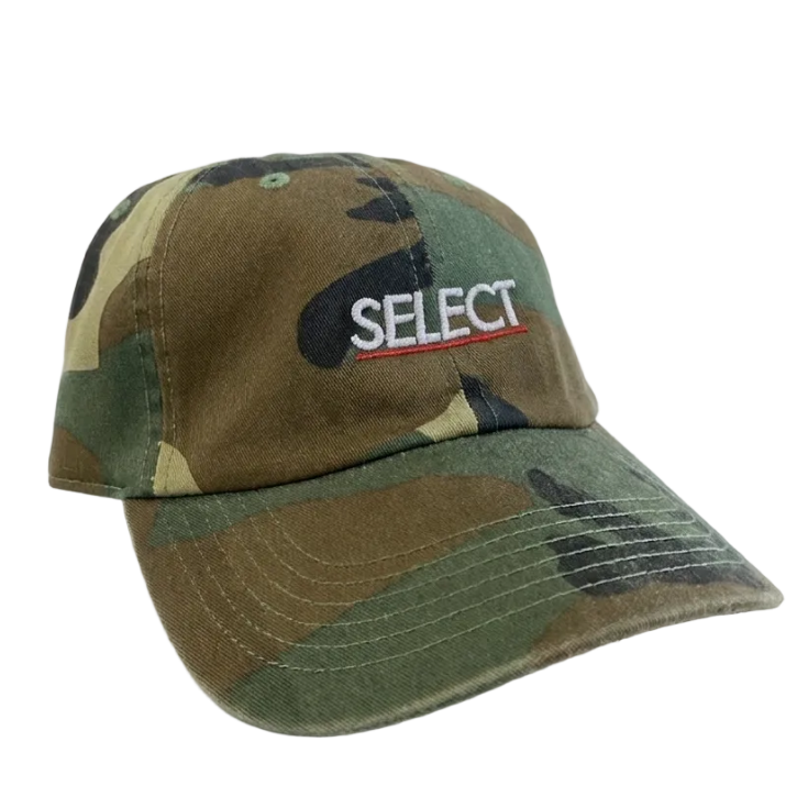 Camouflage baseball cap with 'SELECT' logo on a white background