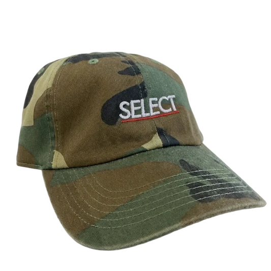 Camouflage baseball cap with 'SELECT' logo on a white background