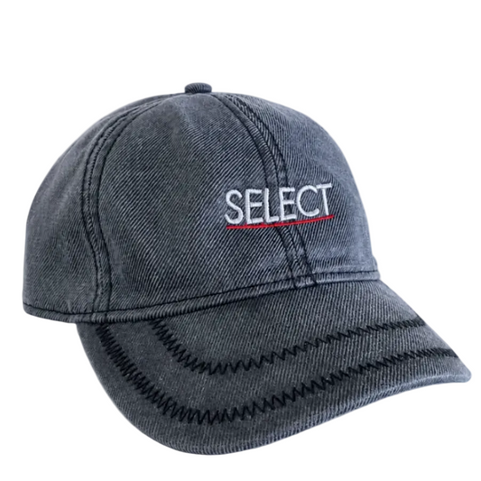grey denim cap with 'SELECT' logo on a white background