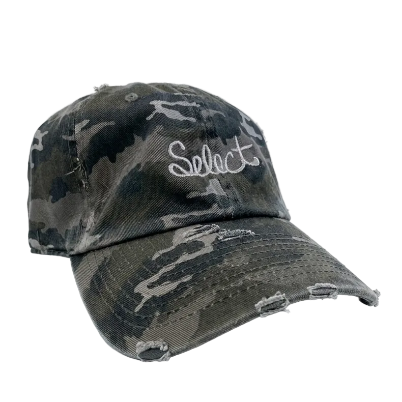 Camouflage baseball cap with 'Select' branding on a white background