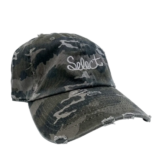 Camouflage baseball cap with 'Select' branding on a white background