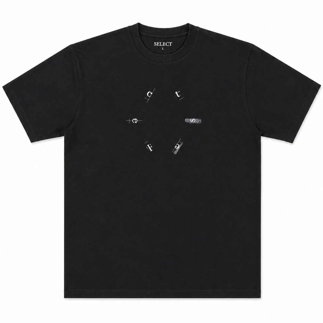 Black t-shirt with white graphic design on a white background