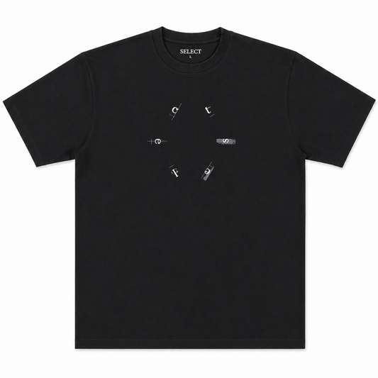Black t-shirt with white graphic design on a white background