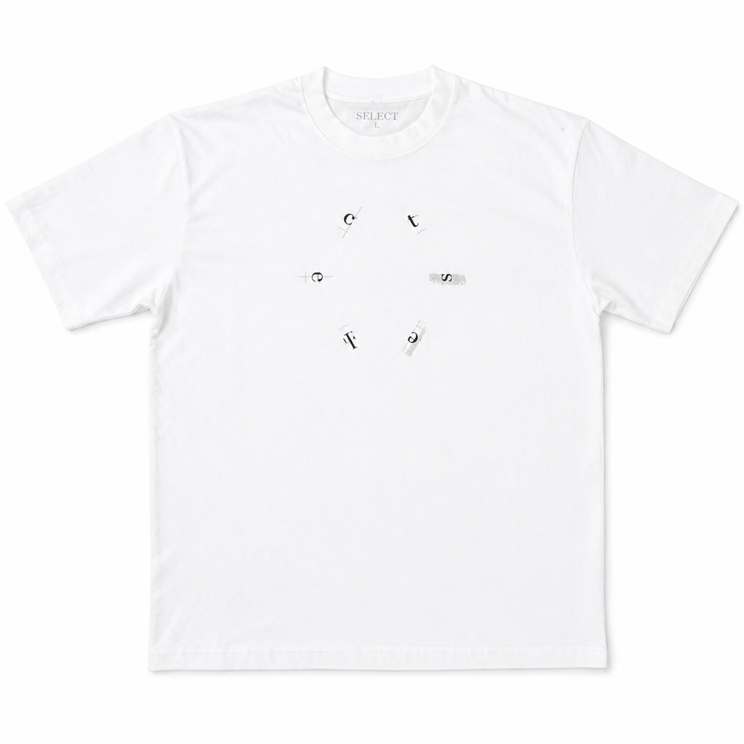 White t-shirt with black text and graphics on a white background