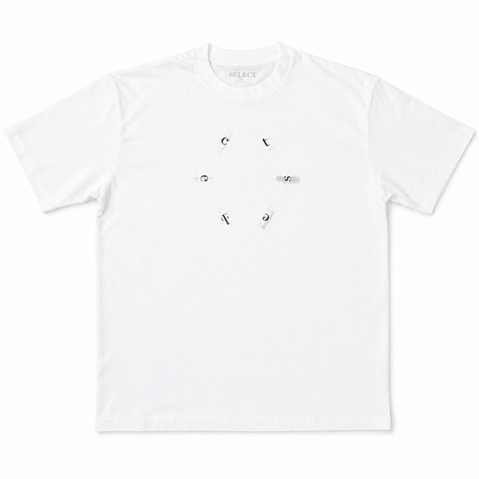 White t-shirt with black text and graphics on a white background