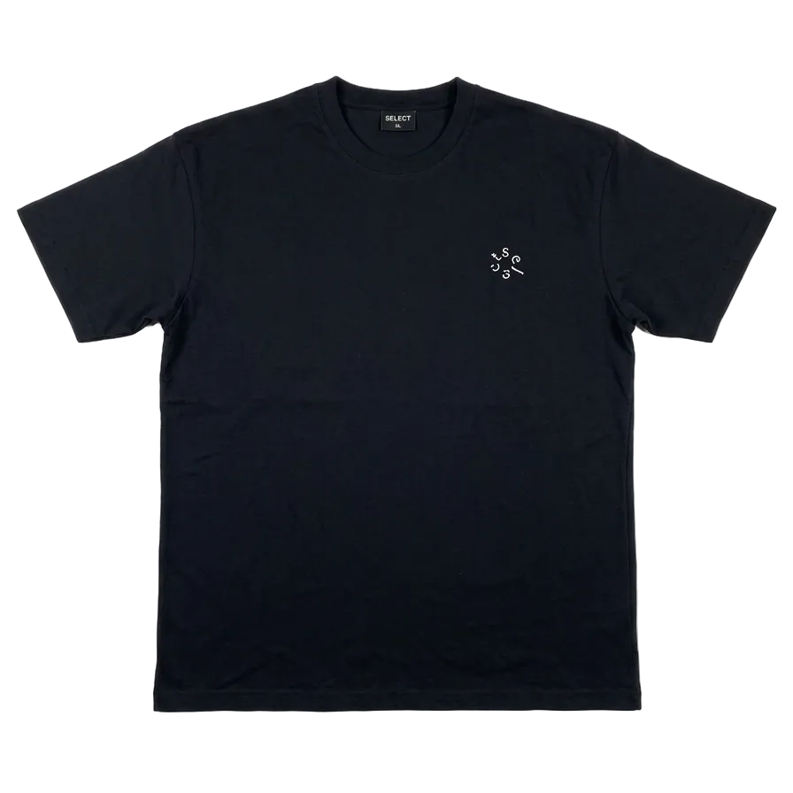 Black t-shirt with a small white logo on a white background
