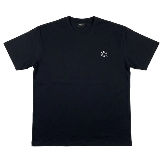 Black t-shirt with a small white logo on a white background