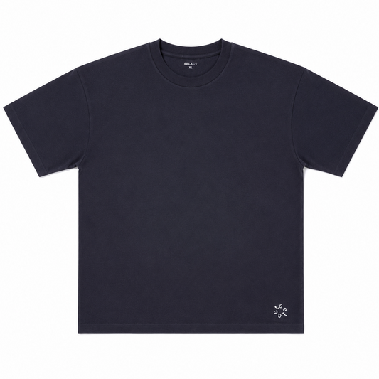 Black t-shirt with a small white logo on a white background
