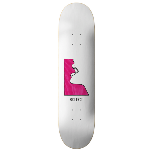 Skateboard deck with a pink and white logo on a white background