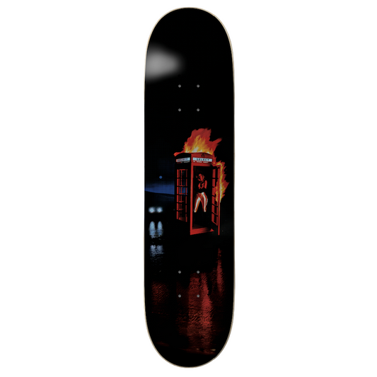 Houston shop skateboard deck with a graphic design of a phone booth on fire and a person inside, on a white gray background.
