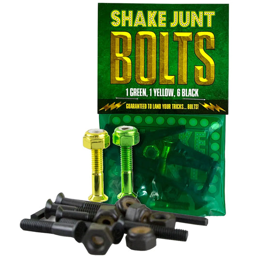 Packaged bolts with green, yellow, and black colors in front of a green 'Shake Junt' branded package.