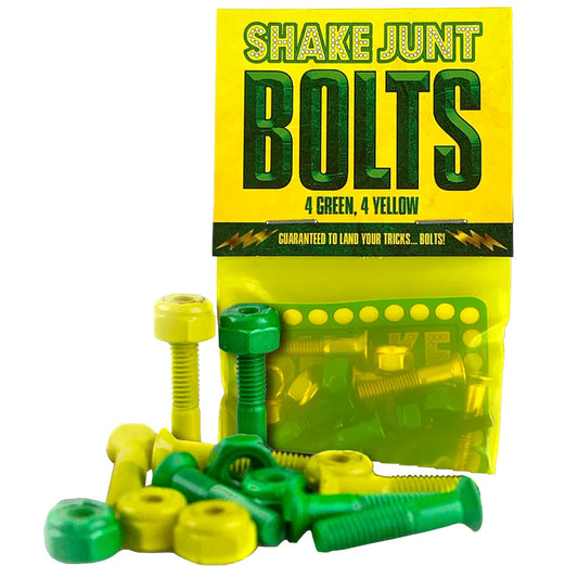 Packaged green and yellow bolts with 'Shake Junt' branding on a white background
