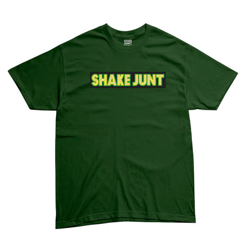 A dark green short-sleeve t-shirt with a graphic on the chest reading 'SHAKE JUNT' in yellow letters with a black outline, displayed flat against a white background.