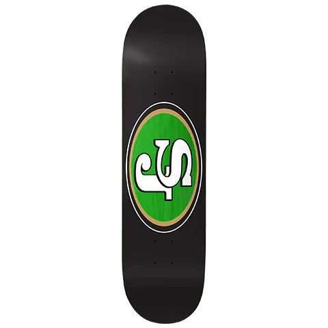 Black skateboard deck with a green and white logo on a white background