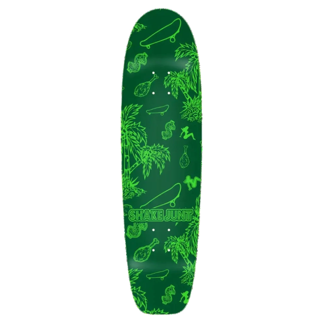 A green skateboard deck with a neon green tropical pattern featuring palm trees, coconuts, and the 'SHAKEJUNIT' brand logo in the center.