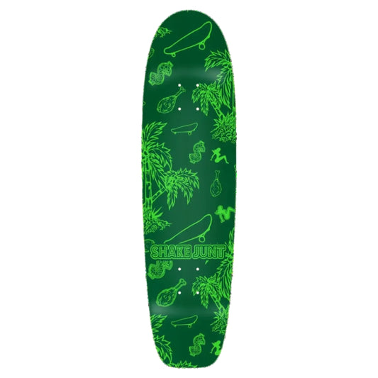 A green skateboard deck with a neon green tropical pattern featuring palm trees, coconuts, and the 'SHAKEJUNIT' brand logo in the center.