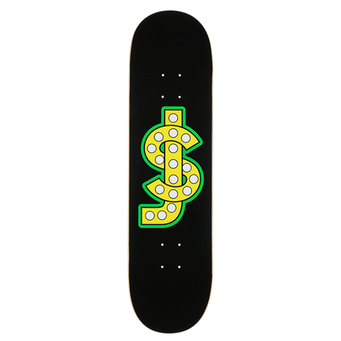 Skateboard deck with dollar sign design on a black background