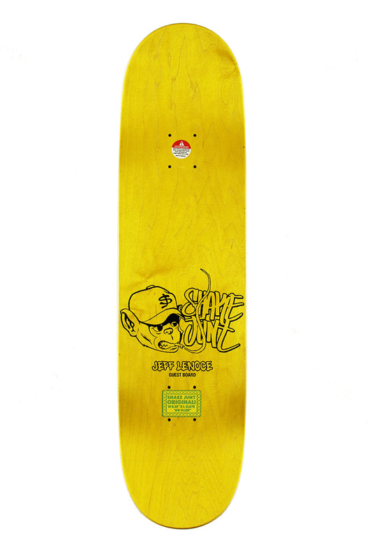 Yellow skateboard deck with a logo and text on a white background
