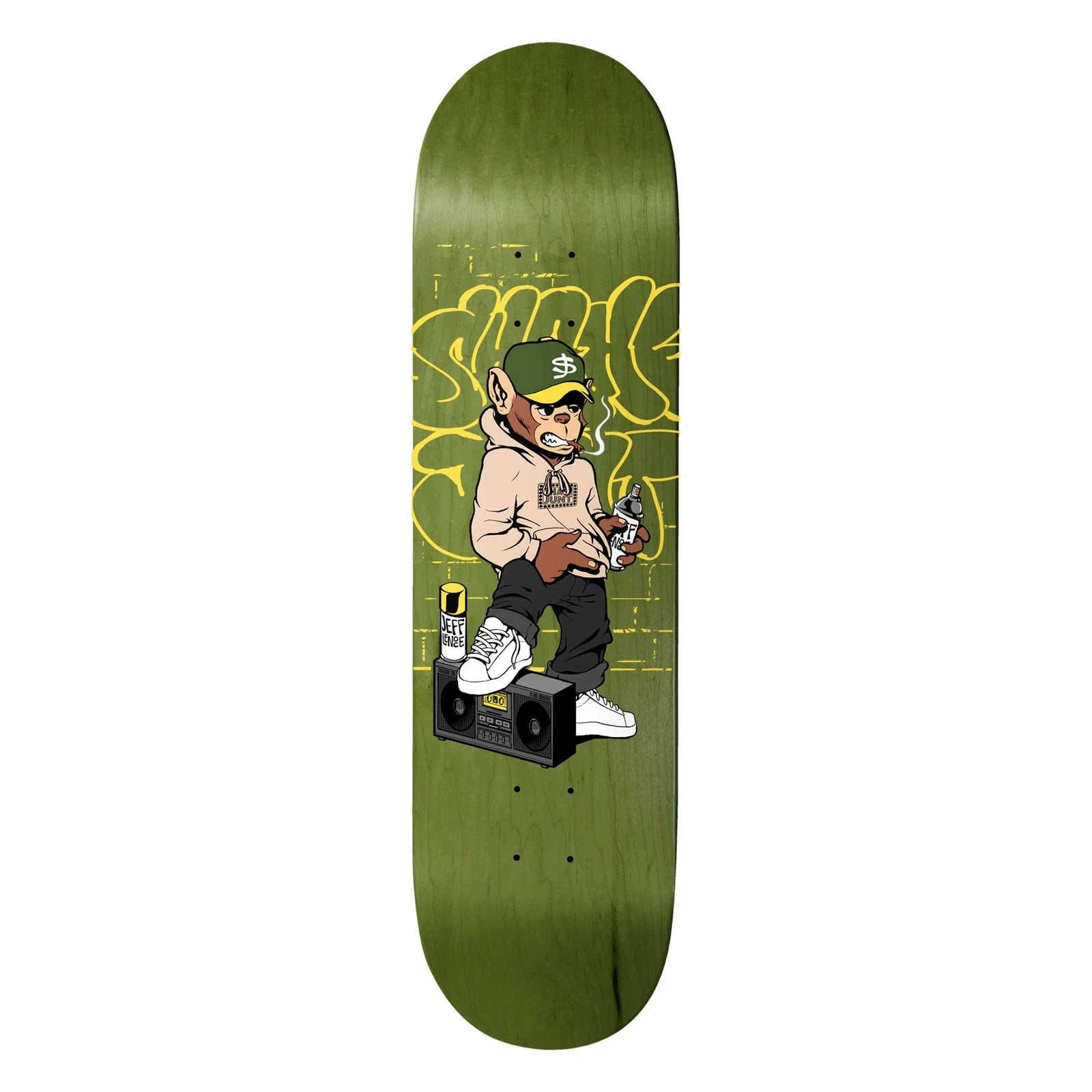 Skateboard deck with a graphic of a person holding a bottle on a green background