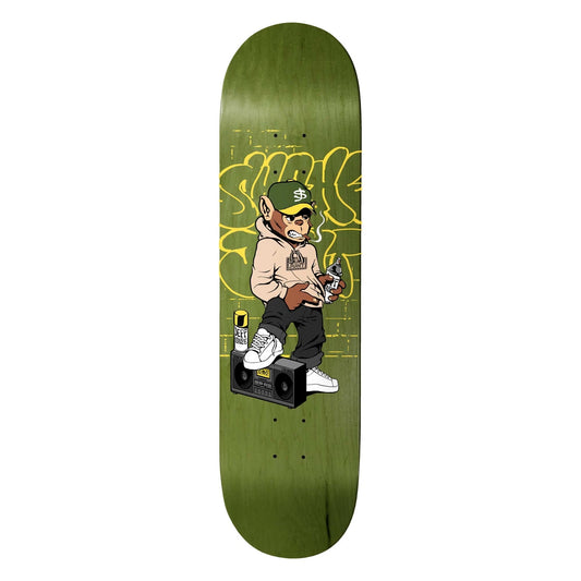 Skateboard deck with a graphic of a person holding a bottle on a green background