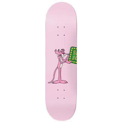 Pink skateboard deck featuring a cartoon illustration of the Pink Panther holding a green patterned box, shown against a plain white background.