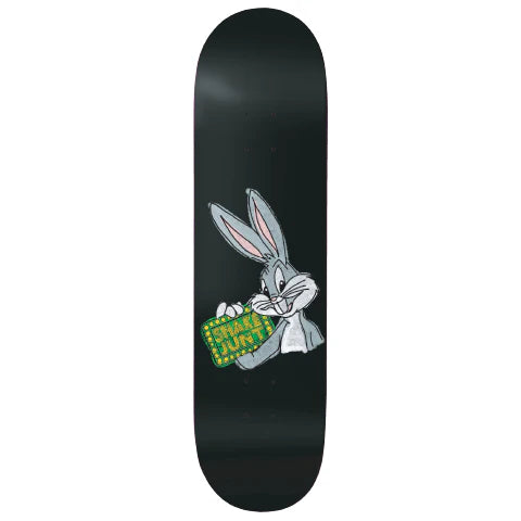 Black skateboard deck with a cartoon character on a white background