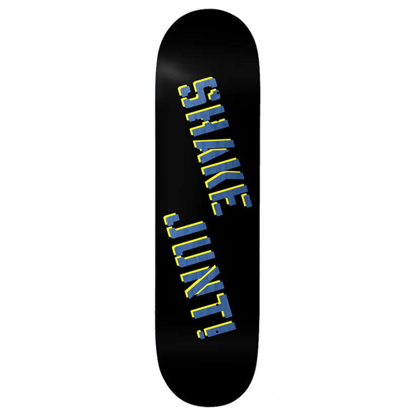 Black skateboard deck with 'SHAKE JUNT!' text in blue and yellow on a white background
