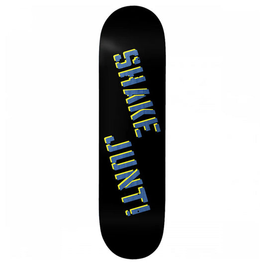 Black skateboard deck with 'SHAKE JUNT!' text in blue and yellow on a white background