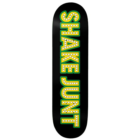 Skateboard deck with 'Snake Joint' text in green and yellow on a black background