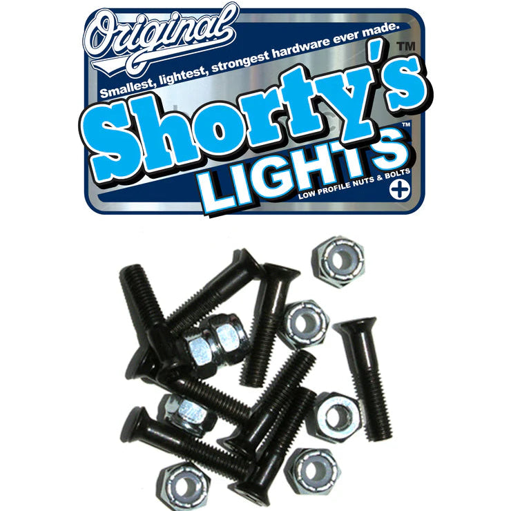 Shorty's Lights skateboard hardware pack with screws and nuts on a white background