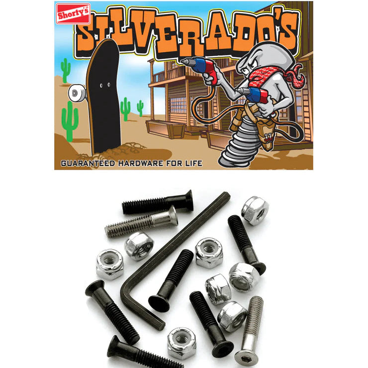 Skateboard hardware set with 'Silverado's' packaging featuring a cartoon character and desert scene.
