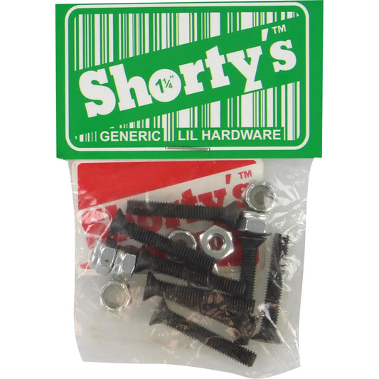 Shorty's Generic Lil Hardware black screws with silver washers and nuts in a clear plastic bag with a green and white header card.