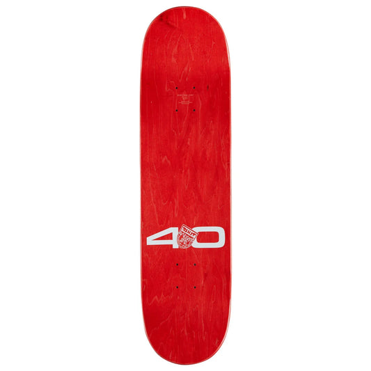 A red skateboard deck shown vertically against a plain white background, featuring a white '40' graphic with a red 'shut' logo in the center.