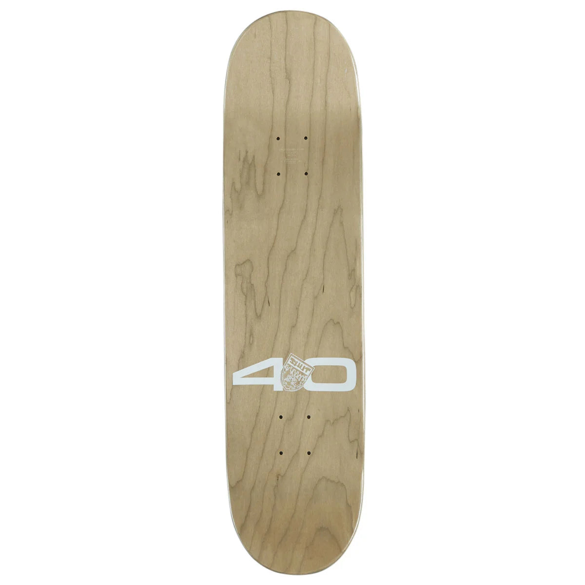 A natural wood skateboard deck with a white graphic logo reading '40' on the underside, shown against a plain white background.