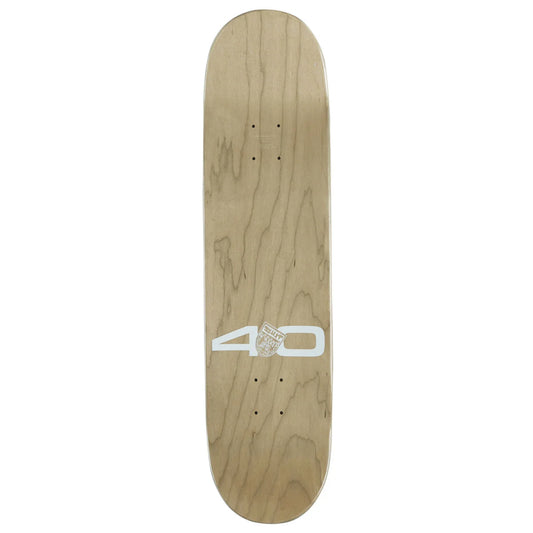 A natural wood skateboard deck with a white graphic logo reading '40' on the underside, shown against a plain white background.