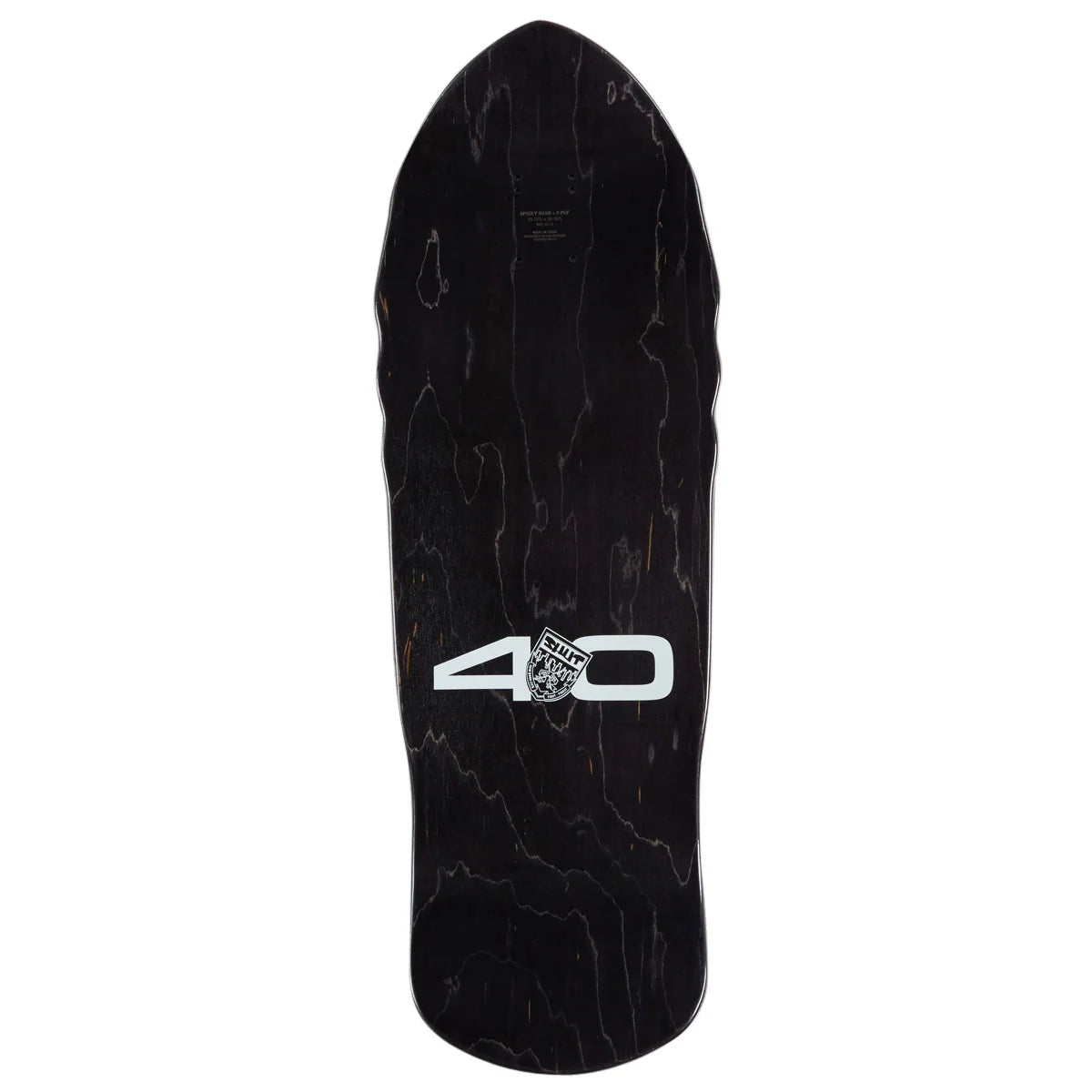 A black wood snowboard deck with a dark grain pattern and a white '40' logo printed on the bottom, shown against a plain white background.
