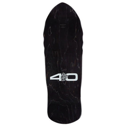 A black wood snowboard deck with a dark grain pattern and a white '40' logo printed on the bottom, shown against a plain white background.