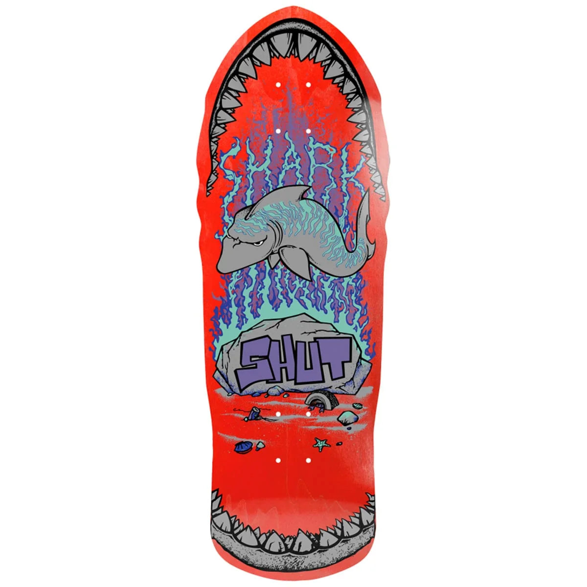 A skateboard deck with a vibrant red background and a graphic design featuring a shark, purple and blue lightning, and the words 'SHARK' and 'SHUT'.