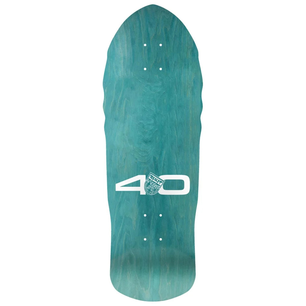 A teal wooden skateboard deck with a white '40' graphic and a circular 'Fruit of the Loom' logo in the center, shown against a plain white background.