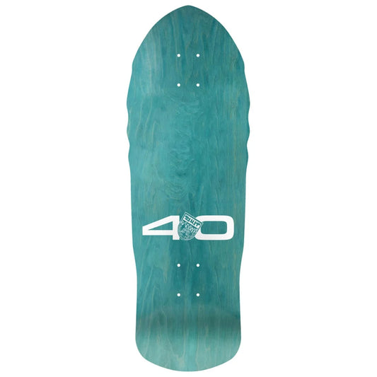 A teal wooden skateboard deck with a white '40' graphic and a circular 'Fruit of the Loom' logo in the center, shown against a plain white background.