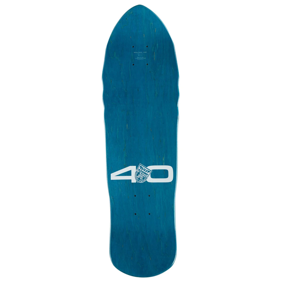 A blue skateboard deck with a white '40' graphic and a small shield logo in the center, shown against a plain white background.