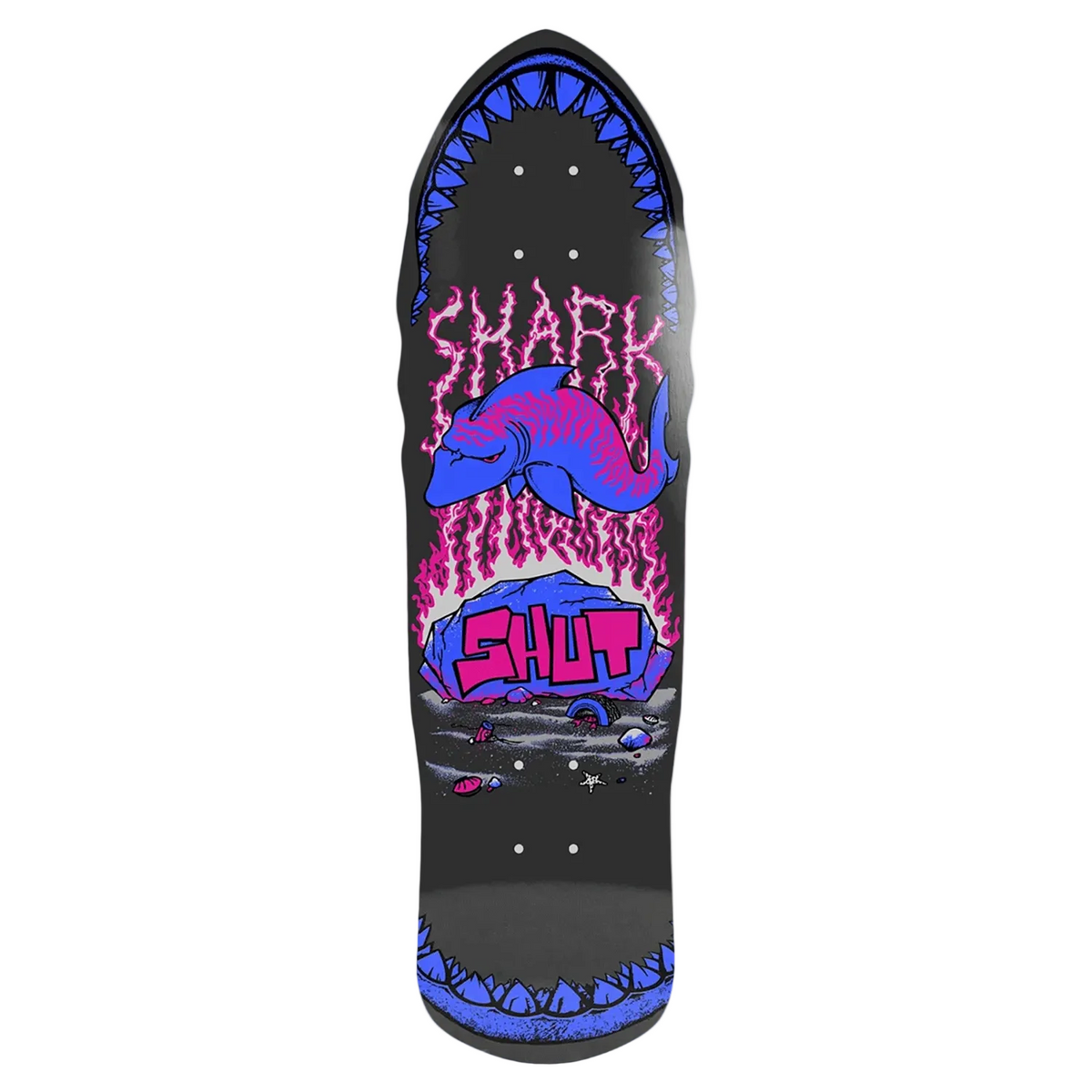 A skateboard deck featuring a graphic design with a blue and pink shark, lightning bolts, and the word 'SHUT' in pink graffiti-style lettering on a black background.